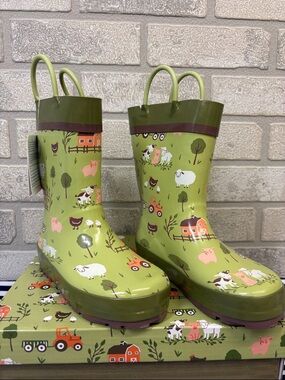 Stephen Joseph Green Farm Print Rain Boots Sizes 11 & 13